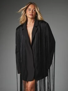 MISSGUIDED Oversized Black Fringe Blazer Dress With Notch Lapel Long Sleeve Floor Length Fringe Trim Party Evening Occasion - Black - View 3