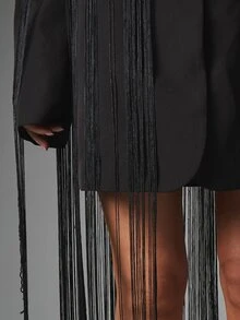 MISSGUIDED Oversized Black Fringe Blazer Dress With Notch Lapel Long Sleeve Floor Length Fringe Trim Party Evening Occasion - Black - View 5