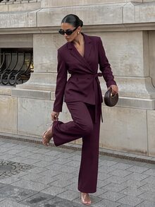 Silquee Setelan Jas Wanita Gaya Eropa dan Amerika Musim Gugur/Dingin Terbaru, Modis, Serbaguna, Warna Solid, Garis Diagonal, Kerah Bertali Depan, Jaket Blazer dengan Celana. - Burgundy - View 3