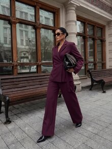 Silquee Setelan Jas Wanita Gaya Eropa dan Amerika Musim Gugur/Dingin Terbaru, Modis, Serbaguna, Warna Solid, Garis Diagonal, Kerah Bertali Depan, Jaket Blazer dengan Celana. - Burgundy - View 2