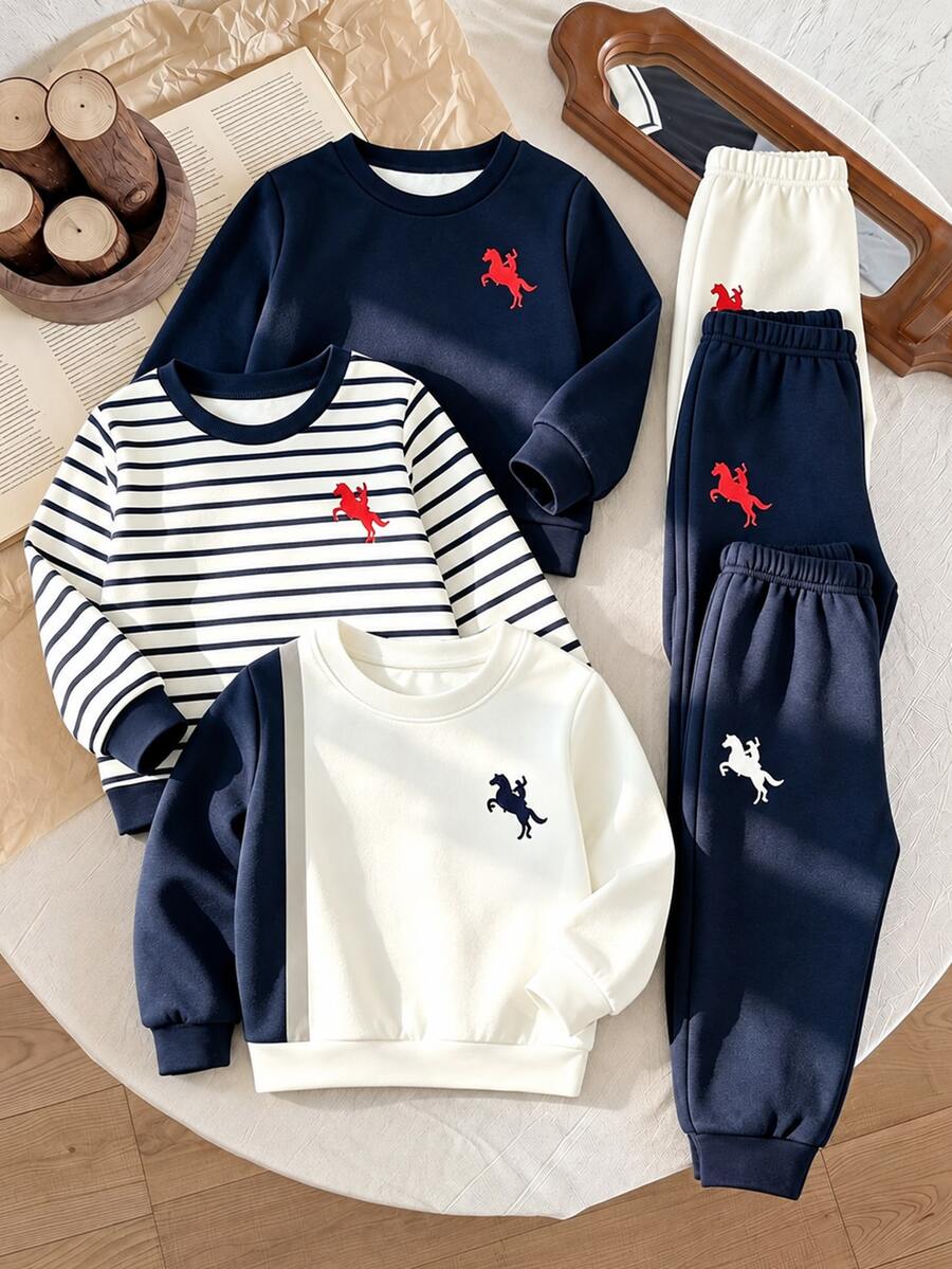 SHEIN 1組隨機發貨,加厚抓絨運動衫套裝,皇家藍拼色,兒童休閒時尚經典圓領,校服,秋冬款 - 彩色 - 查看 1