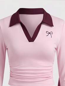 SHEIN Sparklyn 青少年女孩秋季穿搭上衣休閒運動戶外時尚街頭風 粉色酒紅數位印花V領翻領長袖上衣 - 粉色 - 查看 7