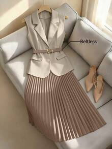 Rosivaux Women's Spring/Summer French Elegant Collared Sleeveless Cinched Waist Blazer And High Waist Pleated Midi Skirt 2-Piece Suit Set For Work - Khaki - View 3
