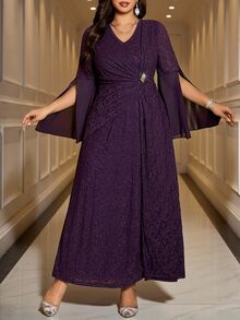 Reflora Gaun Pesta Formal Pernikahan Warna Ungu Tua Musim Gugur Elegan Kasual Plus Lengan Belah dengan Detail Rhinestone dan Glitter - Purple - View 5