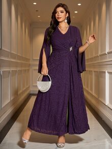 Reflora Gaun Pesta Formal Pernikahan Warna Ungu Tua Musim Gugur Elegan Kasual Plus Lengan Belah dengan Detail Rhinestone dan Glitter - Purple - View 8
