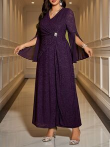 Reflora Gaun Pesta Formal Pernikahan Warna Ungu Tua Musim Gugur Elegan Kasual Plus Lengan Belah dengan Detail Rhinestone dan Glitter - Purple - View 6