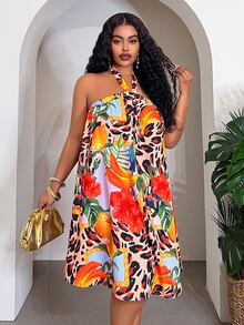 Veslaya Summer Beige Boho Casual Elegant Women's Plus Size Halter Dress,Vacation Holiday Leopard Floral Print Sleeveless Sundress,Western Style Y2k Outfit - Multicolor - View 5