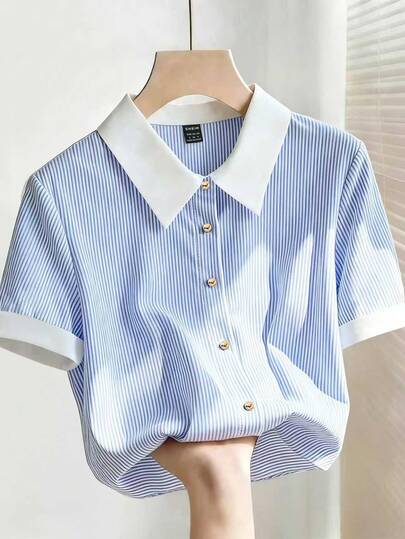 SHEIN Franclia Women's Elegant Blue Striped Collared Loose Short-Sleeved Shirt, Summer, Outdoor Shirt, Casual Elegant Top, Women's Vacation, Holiday, Women's Commuting, Women's Office, Social Top/Workwear, Women's Office Wear, Women's Work Top