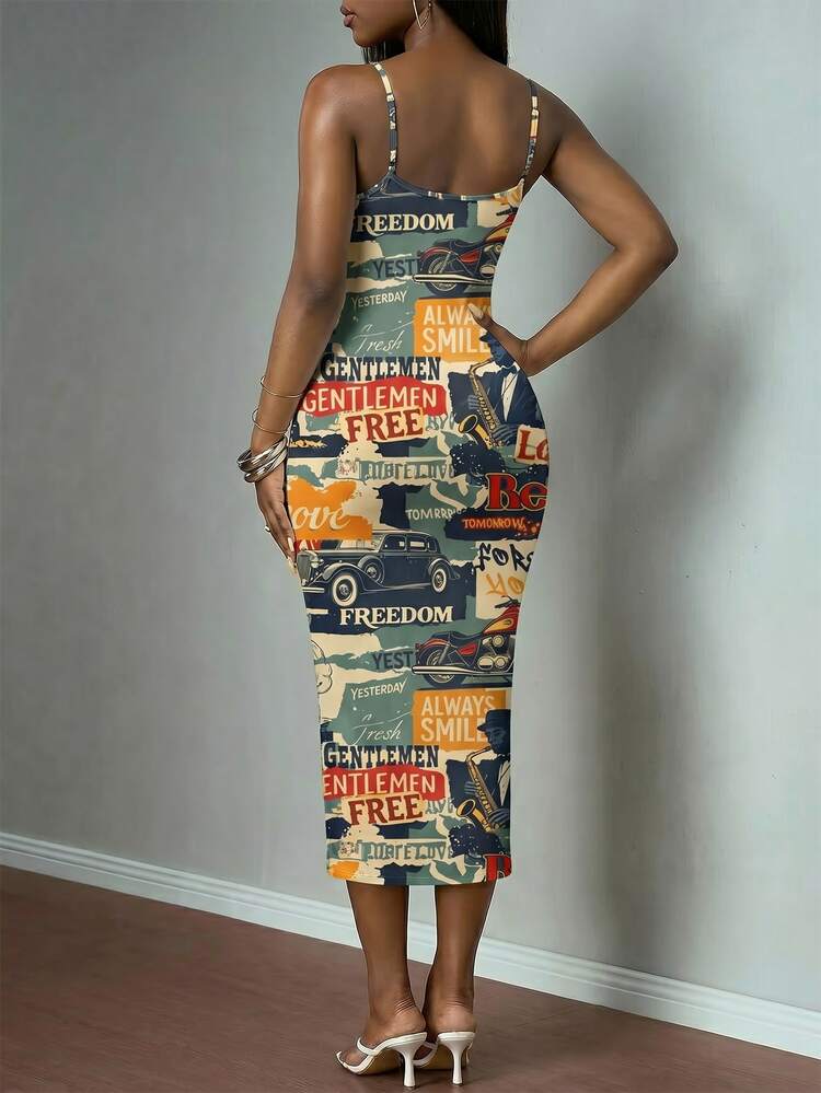 Veslaya Casual Vacation Street Style Printed Plus Size Women Cami Dress, Music Festival, Y2K - Multicolor - View 2