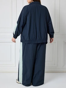 SHEIN CURVE+ Women Plus Size 2 Pieces Set 22W, Jacket + Pants Casual Autumn Winter Outfit - Multicolor - View 2