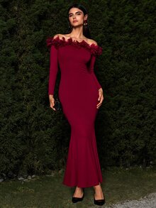 VOLUPTÉ CURVE Women's Fall/Winter Wine Floor Length Dress Halterneck Mesh Lace Long Sleeve, Elegant Casual Vacation Christmas Party Wedding Guest Dress - Burgundy - View 9