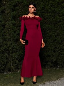 VOLUPTÉ CURVE Women's Fall/Winter Wine Floor Length Dress Halterneck Mesh Lace Long Sleeve, Elegant Casual Vacation Christmas Party Wedding Guest Dress - Burgundy - View 10