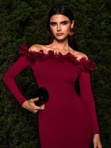 VOLUPTÉ CURVE Women's Fall/Winter Wine Floor Length Dress Halterneck Mesh Lace Long Sleeve, Elegant Casual Vacation Christmas Party Wedding Guest Dress - Burgundy - View 6