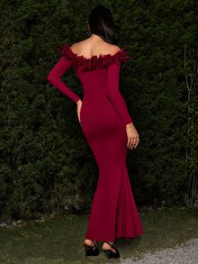 VOLUPTÉ CURVE Women's Fall/Winter Wine Floor Length Dress Halterneck Mesh Lace Long Sleeve, Elegant Casual Vacation Christmas Party Wedding Guest Dress - Burgundy - View 4