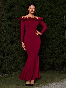 VOLUPTÉ CURVE Women's Fall/Winter Wine Floor Length Dress Halterneck Mesh Lace Long Sleeve, Elegant Casual Vacation Christmas Party Wedding Guest Dress - Burgundy - View 7