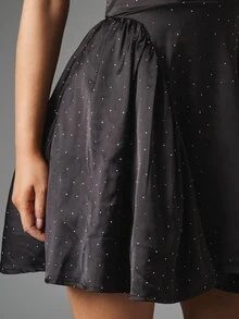 MISSGUIDED Satin Halter Neck Fit And Flare Mini Dress With Rhinestone Embellishment Plunge V-Neck Open Back Skater Party Holiday Occasion - Black - View 4