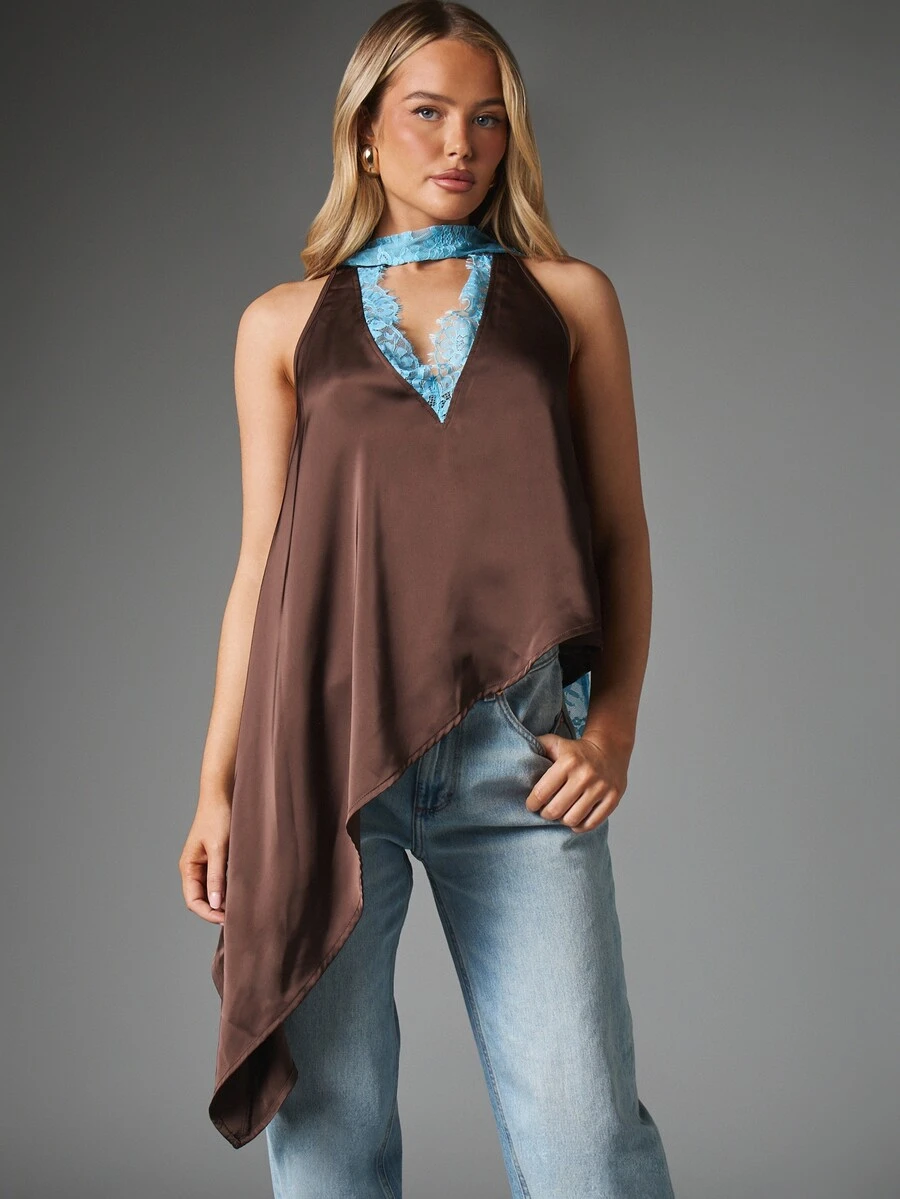 MISSGUIDED Satin Halter Neck Blouse With Floral Lace Trim Choker Detail Asymmetric Hem Flowing Summer Night Out Top - Coffee Brown - View 1