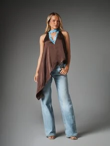 MISSGUIDED Satin Halter Neck Blouse With Floral Lace Trim Choker Detail Asymmetric Hem Flowing Summer Night Out Top - Coffee Brown - View 4