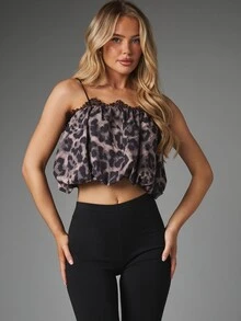 MISSGUIDED Leopard Print Lace Trim Cropped Cami Top Spaghetti Strap Flowy Gathered Chiffon Blouse Summer Festival Party Night Out - Multicolor - View 1
