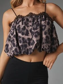 MISSGUIDED Leopard Print Lace Trim Cropped Cami Top Spaghetti Strap Flowy Gathered Chiffon Blouse Summer Festival Party Night Out - Multicolor - View 2