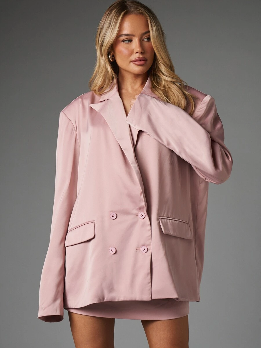 MISSGUIDED Oversized Double-Breasted Satin Blazer With Notch Lapel Flap Pockets Long Sleeves Spring Party Evening Style - Baby Pink - View 1