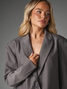 MISSGUIDED Oversized Rhinestone Embellished Blazer Jacket With Lapel Collar Flap Pockets Single Breasted Party Night Out Autumn Winter - Grey - View 3