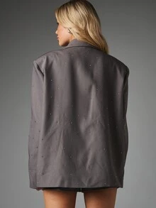 MISSGUIDED Oversized Rhinestone Embellished Blazer Jacket With Lapel Collar Flap Pockets Single Breasted Party Night Out Autumn Winter - Grey - View 4