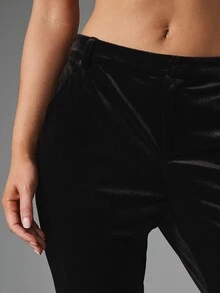 MISSGUIDED Velvet Flared Trousers With Bowknot Hem Detail Mid Rise Side Pockets Elegant Evening Party Holiday Season Festive Pants - Black - View 5