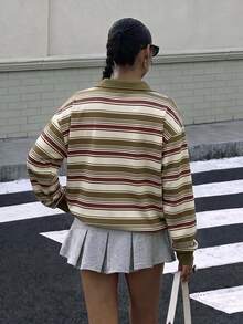 Muchica 女款 Polo 領長袖寬鬆厚實材質運動衫，適合秋冬，加厚款式，綠色，經典休閒條紋學院風，返校校園穿搭，社團穿著，青年休閒風，低調百搭，街頭穿搭，咖啡廳慵懶氛圍 - 彩色 - 查看 2