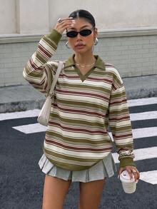 Muchica 女款 Polo 領長袖寬鬆厚實材質運動衫，適合秋冬，加厚款式，綠色，經典休閒條紋學院風，返校校園穿搭，社團穿著，青年休閒風，低調百搭，街頭穿搭，咖啡廳慵懶氛圍 - 彩色 - 查看 6
