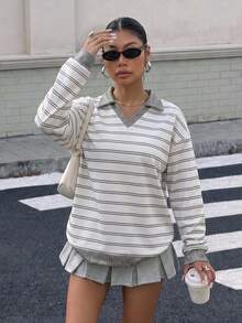 Muchica 女款 Polo 領長袖寬鬆厚款運動衫，適合秋冬，淺灰色經典休閒條紋學院風返校校園穿搭，社團服飾，青年休閒風，低調百搭街頭穿搭，咖啡廳慵懶氛圍造型 - 彩色 - 查看 6
