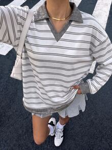 Muchica 女款 Polo 領長袖寬鬆厚款運動衫，適合秋冬，淺灰色經典休閒條紋學院風返校校園穿搭，社團服飾，青年休閒風，低調百搭街頭穿搭，咖啡廳慵懶氛圍造型 - 彩色 - 查看 4