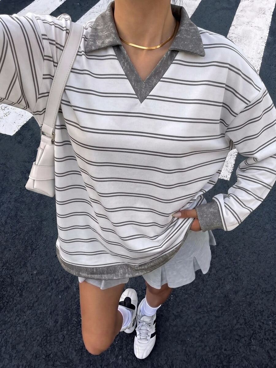 Muchica 女款 Polo 領長袖寬鬆加厚運動衫，適合秋季，白色灰色經典學院風休閒校園穿搭 - 彩色 - 查看 1