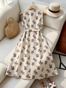 SHEIN Franclia Women's Round Neck Sleeveless Botanical Print Front Button Dress Tea Party Vacation Navy Blue Floral Summer French European - Apricot - View 3