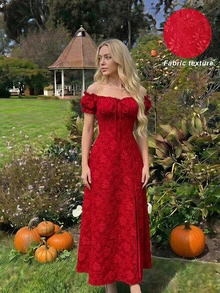 SHEIN MOD فستان نسائي حلو بأسلوب فرنسي من قماش الجاكار مع ربطة للموعد والحفلات المسائية - الأحمر - مشاهدة 3