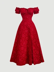 SHEIN MOD فستان نسائي حلو بأسلوب فرنسي من قماش الجاكار مع ربطة للموعد والحفلات المسائية - الأحمر - مشاهدة 4