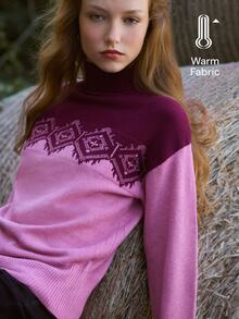 Nöista High Neck Knit Sweater With Front And Back Motifs. Fall Winter, Weekends, Cozy, Going Out. - Pink - View 1