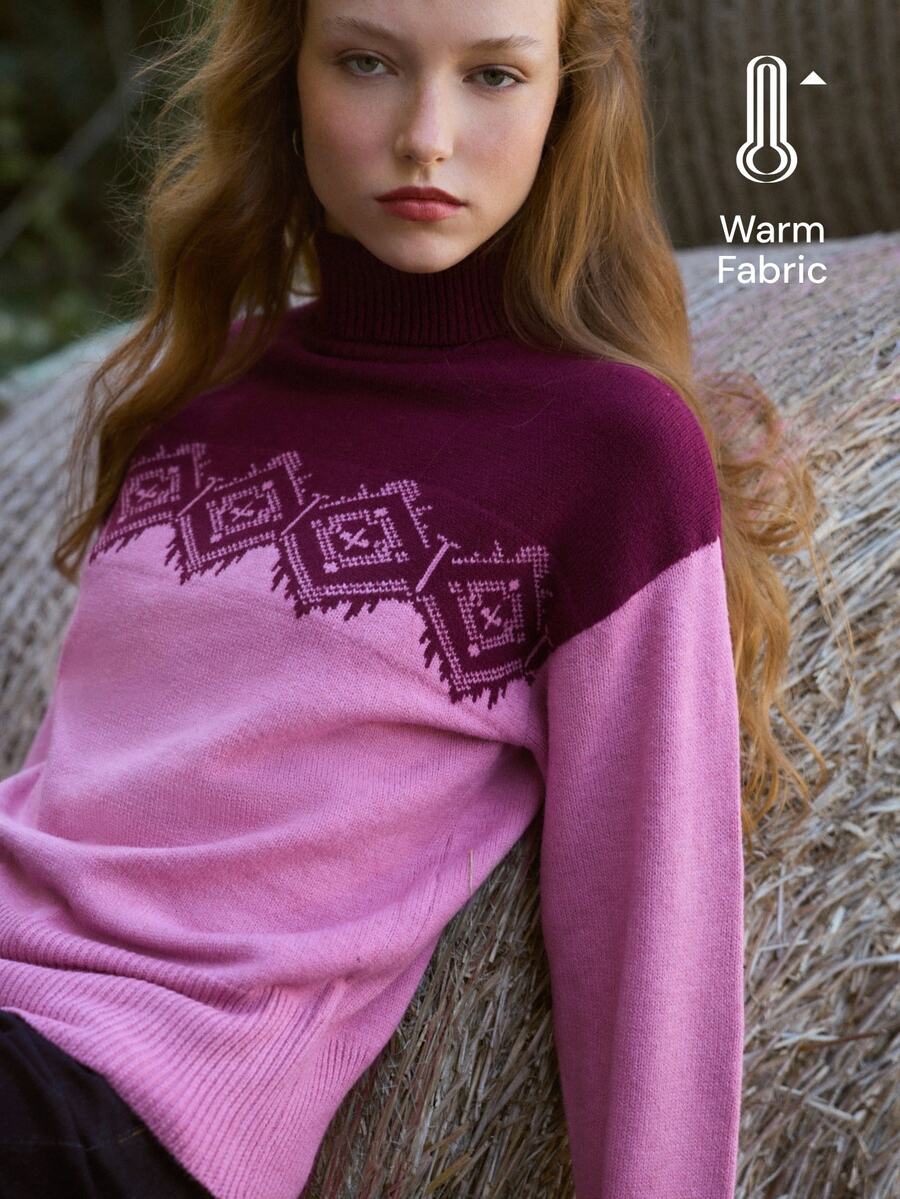 Nöista High Neck Knit Sweater With Front And Back Motifs. Fall Winter, Weekends, Cozy, Going Out. - Pink - View 1