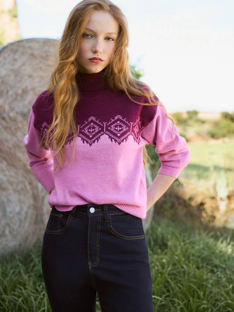 Nöista High Neck Knit Sweater With Front And Back Motifs. Fall Winter, Weekends, Cozy, Going Out. - Pink - View 4