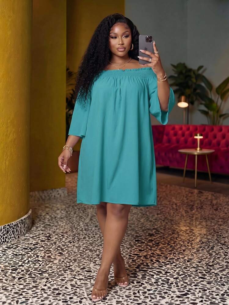 Veslaya Plus Size Women's Off-Shoulder Elegant Casual Commute Vacation A-Line Dress Autumn Teal - Mint Green - View 1