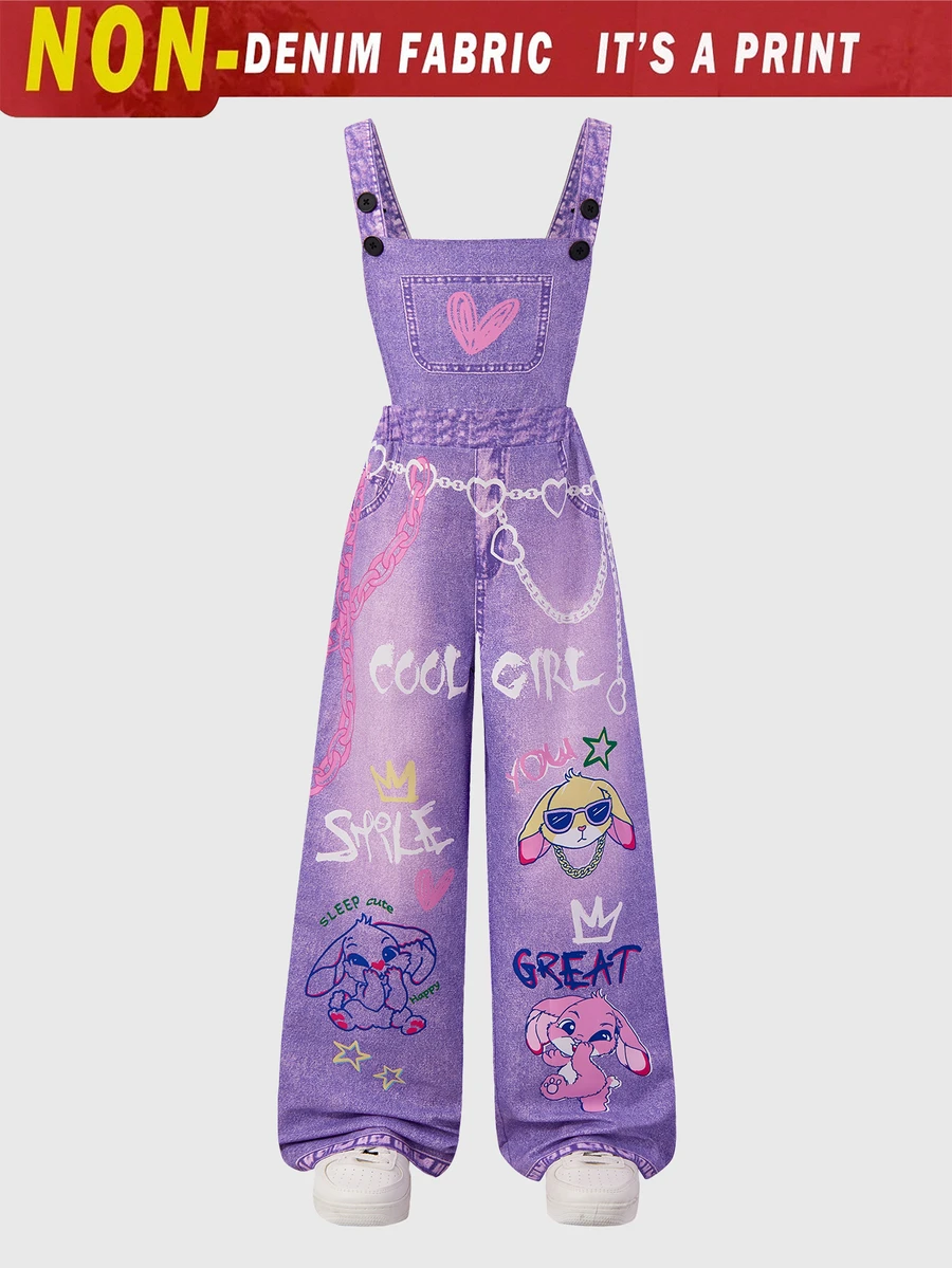 SHEIN Tween Girls Street Style Y2k Fashion Knit Printed Star Pattern Overalls, Suitable For Back To School Season, Spring Summer Autumn Daily Wear Purple - Purple - View 1