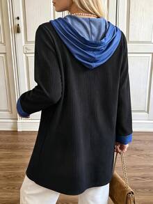 Weeklong Atasan Panjang Berkerudung Kasual Ukuran Plus Wanita dengan Efek Denim Blok Warna, Jaket Lengan Panjang Rajut Bergaris Halus dengan Kancing Depan untuk Musim Gugur - MultiWarna - View 4