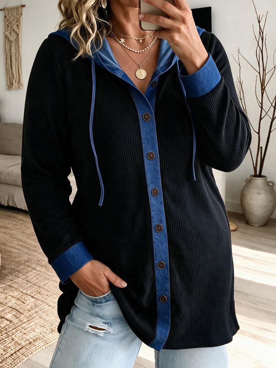 Weeklong Women's Plus Size Casual Colorblock Denim Effect Hooded Long Top, Brushed Ribbed Knit Long Sleeve Button-Up Jacket Fall - Multicolor - View 1