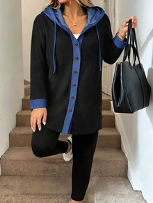 Weeklong Atasan Panjang Berkerudung Kasual Ukuran Plus Wanita dengan Efek Denim Blok Warna, Jaket Lengan Panjang Rajut Bergaris Halus dengan Kancing Depan untuk Musim Gugur - MultiWarna - View 5