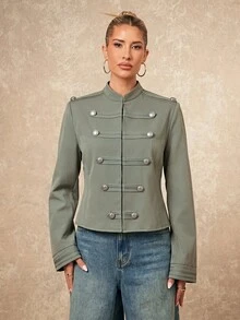 Lumalex 淺橄欖綠修身拿破崙軍裝風長袖夾克，適合秋季出遊與鄉村音樂會，2026 極簡優雅上衣 - 軍綠色 - 查看 15