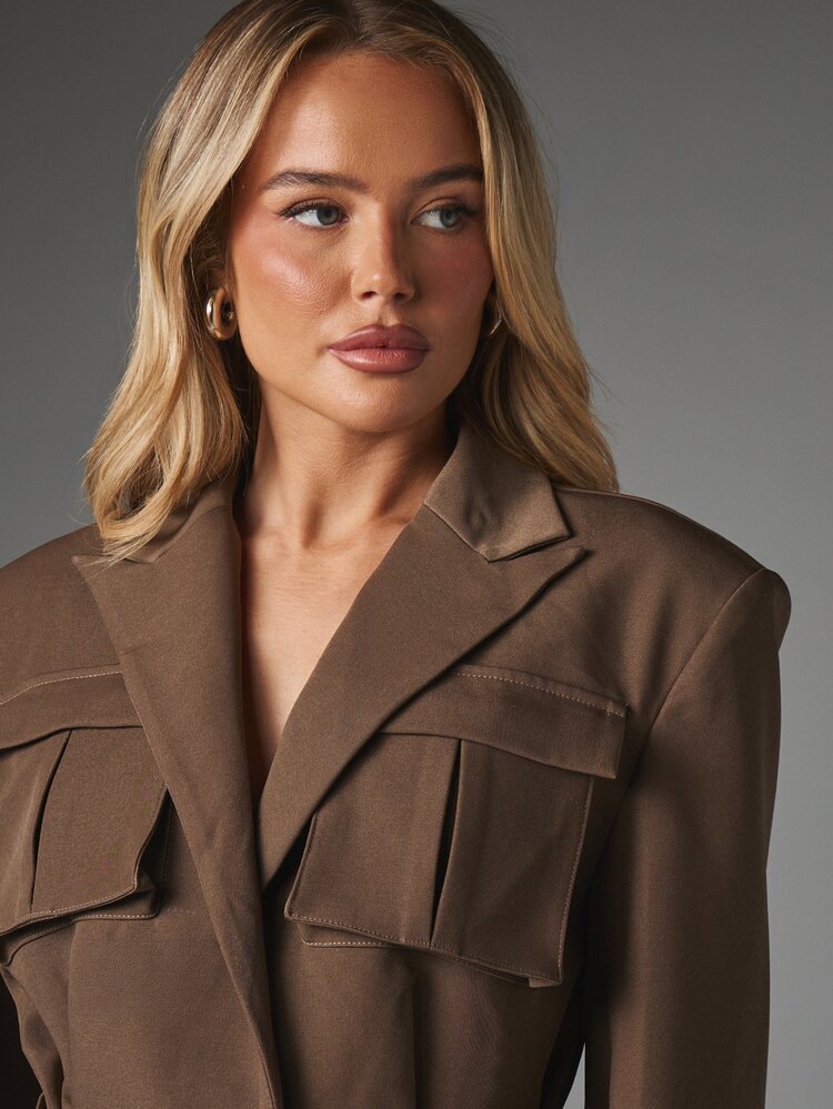 MISSGUIDED Belted Utility Blazer Jacket With Lapel Collar Flap Patch Pockets And Flared Bell Sleeves For Fall Winter Occasions - Coffee Brown - View 5