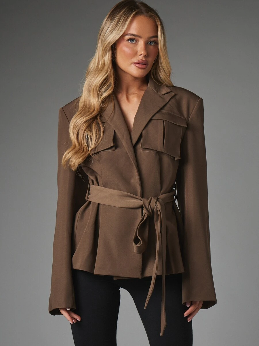 MISSGUIDED Belted Utility Blazer Jacket With Lapel Collar Flap Patch Pockets And Flared Bell Sleeves For Fall Winter Occasions - Coffee Brown - View 1
