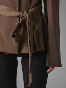 MISSGUIDED Belted Utility Blazer Jacket With Lapel Collar Flap Patch Pockets And Flared Bell Sleeves For Fall Winter Occasions - Coffee Brown - View 2
