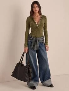 Easelle Vintage Elegant Bohemian Button-Up Waist-Cinching Comfortable Inner Layer Women's Top Brunch Olive Green Autumn - Dark Grey - View 1
