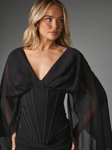 MISSGUIDED Plunge Neck Corset Mini Dress With Dramatic Batwing Chiffon Sleeves Lace-Up Back Cut-Out Waist Party Night Out - Black - View 5